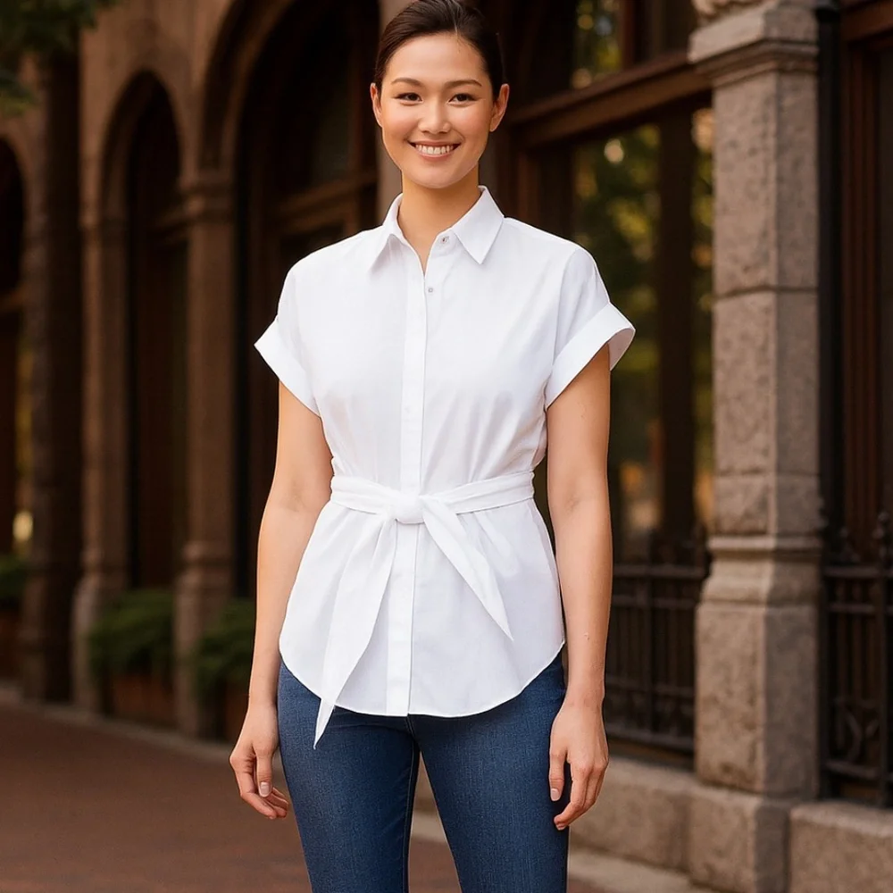 LAUREN Ralph Lauren Tie Front Cotton Short Sleeve Shirt Small Petite - Picture 1 of 8